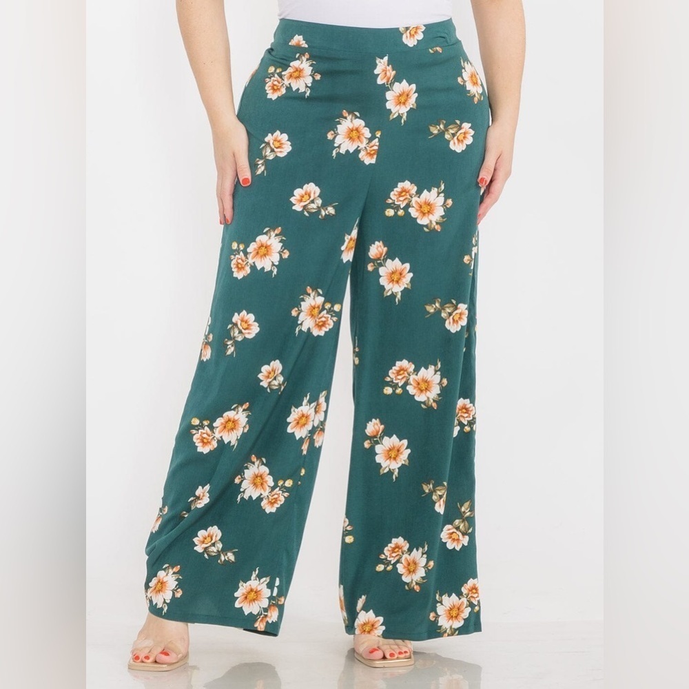 PLUS SIZE ELASTIC WAIST COLORBLOCK FLORAL WIDE LEG BOHO PANTS VARIOUS SIZES